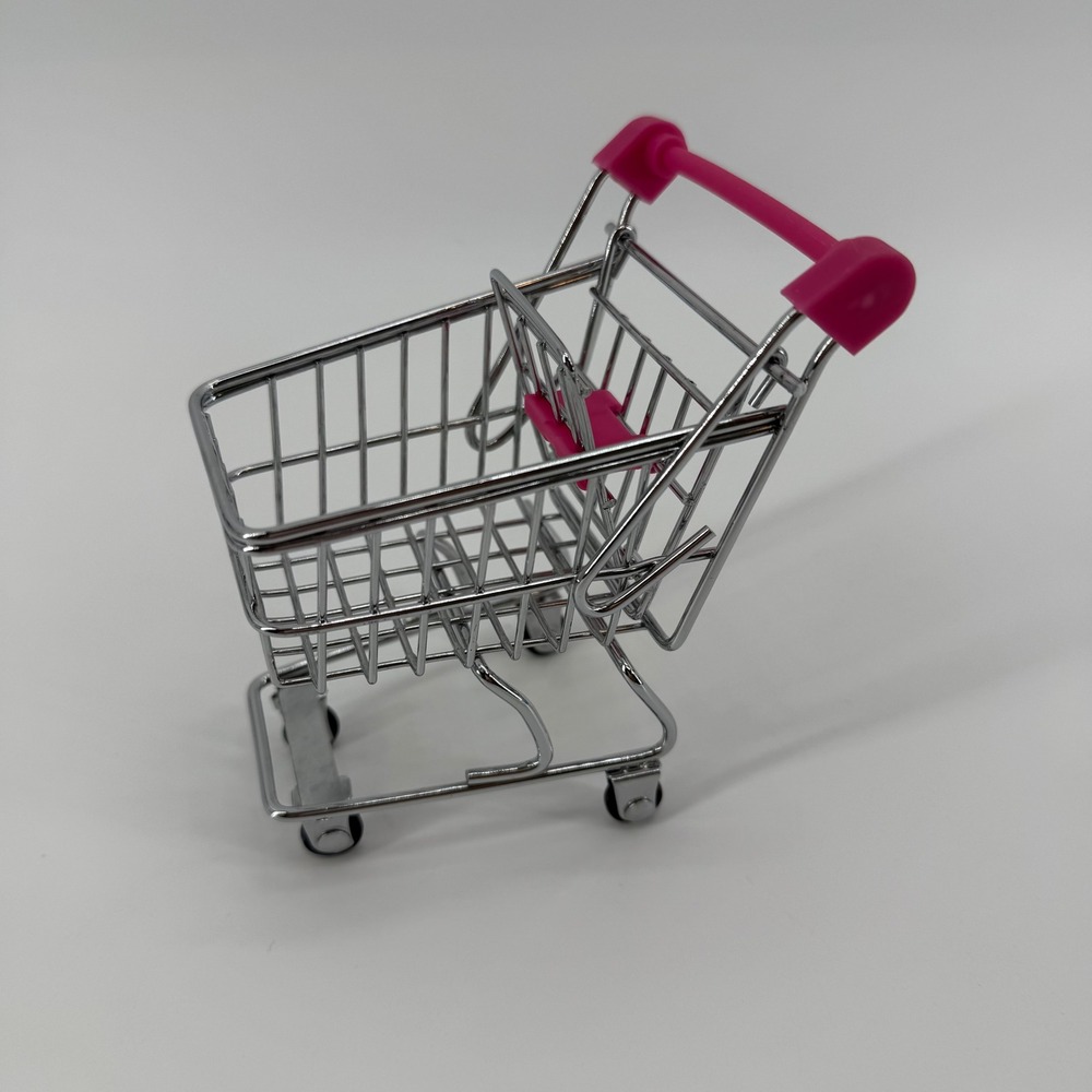 Mini‎ Metal Shopping Cart Toy Organizer Storage Desktop Pink Handle Chrome